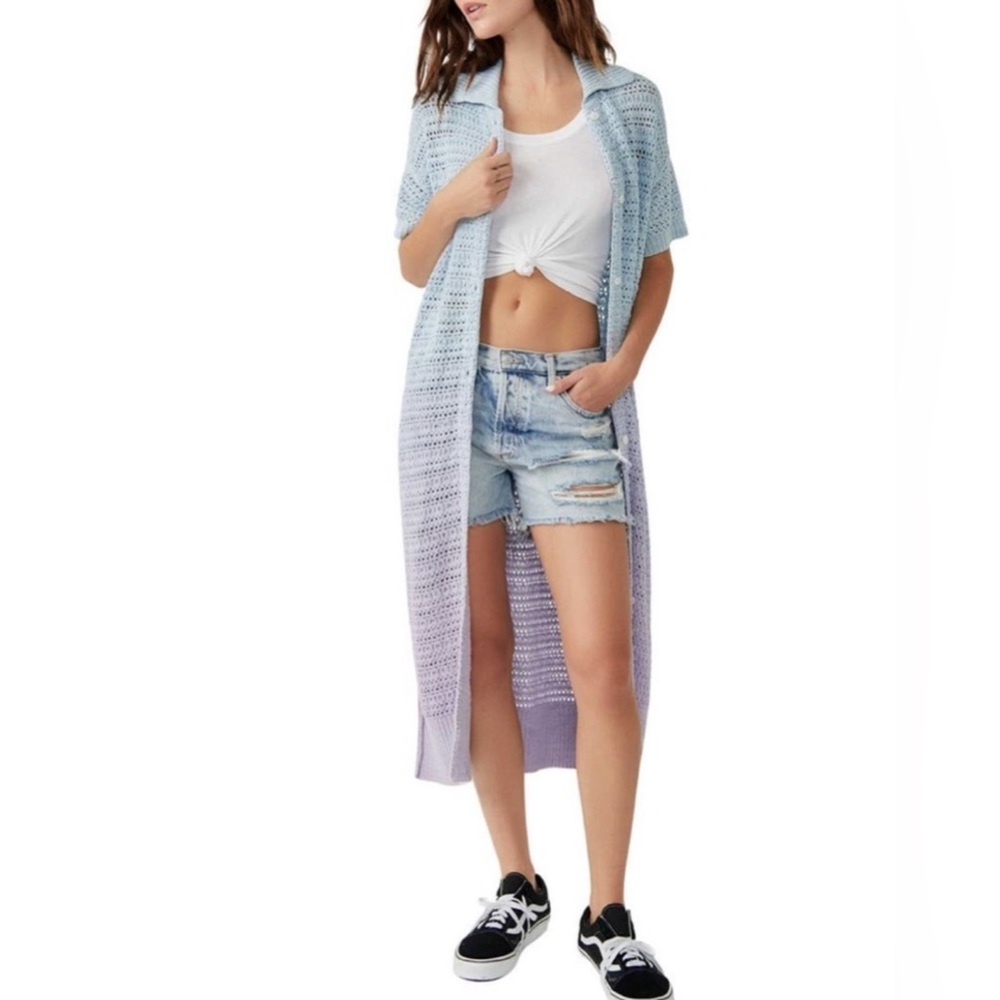 Free People Ombre Blue to Purple Open Stitch Alicia Crochet Cardigan XS NWT
